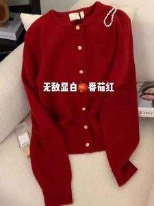 Christmas Red Loose Knitted Sweater Cardigan Womens Autumn Winter plus Size Lazy High-End Feeling Casual Style Long Sleeve