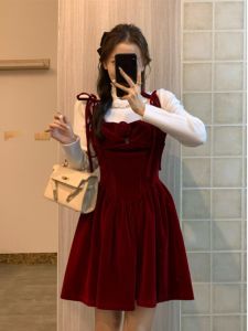 Red Velvet Velvet Halter Dress Set New Years Fashion Chinese Zodiac Christmas Style Small Fragrance Wind Commute Korean Version