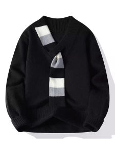 2025 Red Knitted Color Block Scarf V-Neck Men Women Couple Style Sweater Warm Casual Loose Fit Striped Pattern T-Shirt