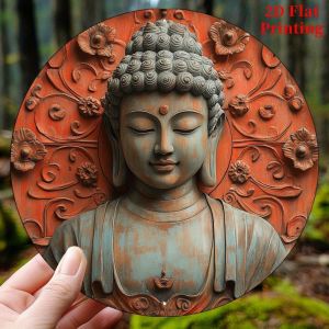 Vintage 2D Flat Round Aluminium Wall Sign, Buddha on Lotus Decor Plaque for Kitchen Office Cafe Great Mothers Day Gift