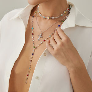 Salircon 3Pcs/Set Vintage Colorful Crystal Chain Jesus Cross Pendant Necklace for Women Trendy Exquisite Clavicle Chain Jewelry