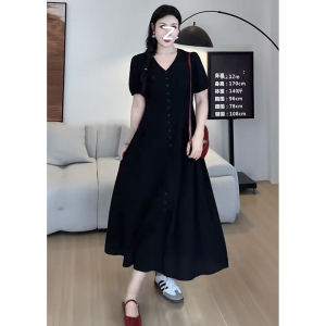plus Size Womens Dress Gentle Style V-Neck Pleated Waist Lantern Sleeve Summer Slimming Long Dress A-Line Skirt Short Sleeve