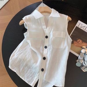 White Polo Neck Sleeveless Shirt Womens Summer Thin Loose Single Button Vest Top Simple Quality Classic Style Short Sleeve