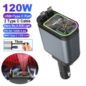 180W 5 In 1 Retractable Car Charger PD QC3.0 Dual Fast Charging With Voltage Display Roof Starlight For IOS Android Phones