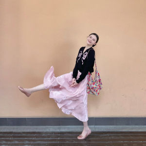 XUECAIQI | Korean Style Atmopheric Black Knit Top and Pink Skirt Set Women