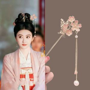 Elegant Pearl Hairpin Butterfly Peach Blossom Ancient Style Flowing Tassel Hair Clip for Hanfu Qipao Updo Hair Accessories