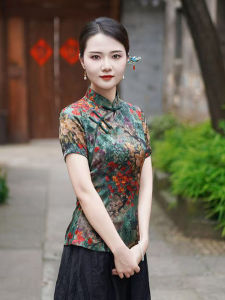 Áo Sơ Mi Họa Tiết Hoa Cổ Đứng Mùa Hè 2025 Phong Cách Mới Phong Cách Trung Hoa Cổ Điển Tay Ngắn Thấm Hút Mồ Hôi Chất Liệu Khác