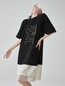 XIAODADEHUA | Relaxed Fit Korean Style Lace and Letter Print T-Shirt Dress