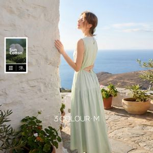 3COLOUR·S | Solid Color Round Neck Sleeveless Waist-Fitted A-Line Dress