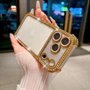 Four-Corners Bling Diamond Clear Case For iPhone 17 16 15 14 13 Pro Max Glass Camera Protection Transparent Plating Soft Cover