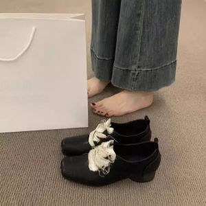 Large Size Womens Shoes 41 to 43 Square Head Leather Shoes Spring Autumn New Wide Foot Comfortable Flats Women Thick Heel Single Shoes