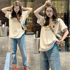 Creamy Cotton Korean Style Oversize T-Shirt Womens Loose Mid-Length Short-Sleeved Summer New Fashion Casual round Neck Print