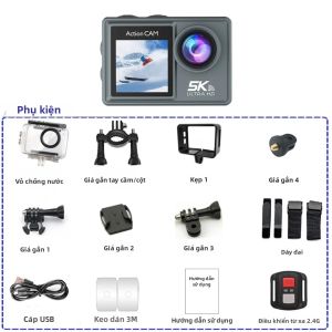 Camera Hành Động 5K Màn Hình Kép Wi-Fi EIS 170 Độ ° Camera Thể Thao Chống Nước Dành Cho Mũ Bảo Hiểm Xe Máy Quay Video Với Điều Khiển Từ Xa