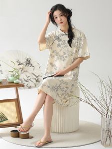 Miiow | Pure Cotton Short Sleeve Sleepwear Womens New Chinese Style Home Clothes Nightgown High Sensation Cat Person 2024 New Model