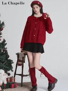 La Chapelle | Merry Red Round Collar Soft Knit Cardigan
