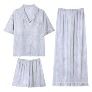 Miiow | Cat Lady Summer Ice Silk Sleepwear Short Sleeve Thin Casual Home Clothes Three Piece Set For Women Comfortable Breathable Polyester Fiber