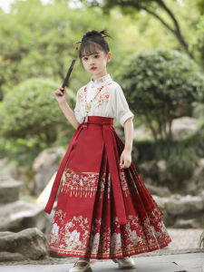 Girls Summer Short Sleeve Hanfu Set Gold Weave Style Chinese Half Skirt Tang Suit Butterfly Dance Qing Zhi Brand Childrens Clothing
