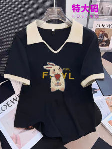 plus Size Womens Polo Neck Splice Short Sleeve T-Shirt Korean Style Casual Cotton Blend Slimming Top for plus Size Ladies