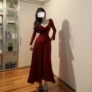 Váy Dài Tay Màu Đỏ Cỡ Lớn Thanh Lịch Kiểu Pháp Cổ Điển Váy Midi Ôm Sát Eo Dài Mùa Thu Polyester Thường Ngày