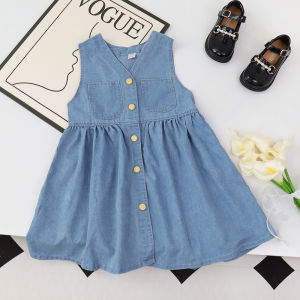 Menoea New Summer Dress for Girls Aged 2-7 Blue V-neck Denim Sleeveless Vest Skirt Korean Version Casual Childrens Clothes Daily Wear