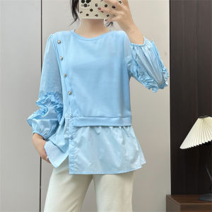 Huiyige Autumn Womens Cotton Long Sleeves Shirt Pullover round Neck Shirt K-style Casual Fake Two Pieces Shirts Tops