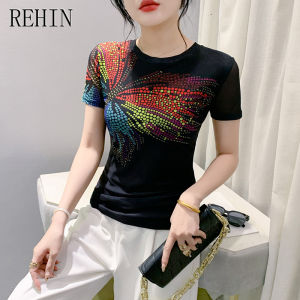 REHIN Summer Fashion Mesh tie-dye Printing Short Sleeve T-shirt Roubd Collar Slim Fit Elegant Womens top