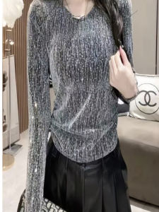 Fall 2024 Womens Slim Fit Long Sleeve V-Neck T-Shirt Heavy Rhinestone Base Shirt Korean Style Versatile Slimming Top Trendy