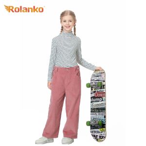 Rolanko Corduroy Trousers for Kids Girls Straight Leg High Waisted Pants with Elastic Button Pockets for Autumn 4-14 Years