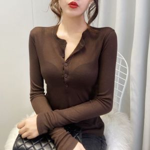 Saint Silen เสื้อยืดแขนยาวผู้หญิงเข้ารูปพอดีตัวเสื้อคอกลมแฟชั่นเซ็กซี่สําหรับฤดูใบไม้ผลิฤดูใบไม้ร่วงสวมใส่ด้านในอเนกประสงค์พร้อมปุ่ม