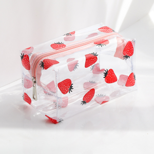 Clear PVC Strawberry Print Pencil Case Large Capacity Iron Frame Makeup Bag for Students & Travel