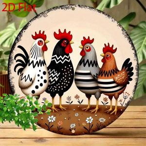 Retro Metal Rooster Wall Art 8x8 Inch Round Chicken Sign for Kitchen Garden Bar Cafe Home Decor