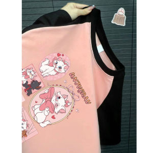 Summer 2024 Girls Short Sleeve T-Shirt Shoulder Insert Pure Cotton American Cartoon Mary Cat Top Versatile Mid-Size Children