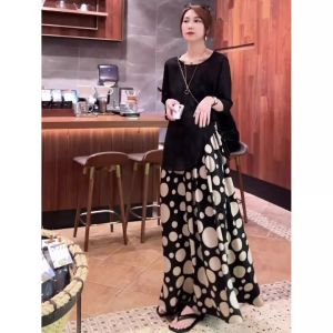 Black Polka Dot Short Sleeve T-Shirt And Dress Two Piece Set Summer New Style Slimming Design Fashionable Womens Clothing