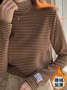 เสื้อเชิ้ตแขนยาวกํามะหยี่สองด้าน ผู้หญิง Half High ปกเสื้อ ฤดูใบไม้ร่วง ฤดูหนาว เสื้อตัวใน หนาขึ้น Flocking อุ่น เสื้อยืดลายทาง