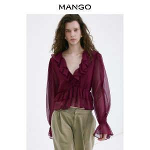 Mango | Bohemian Sheer Ruffled V-neck Womens Shirt