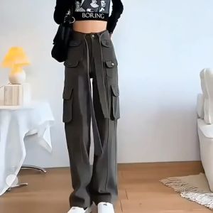 American Vintage Multi Pocket Cargo Pants For Women High Waist Wide Leg Pants Boyfriend Leggings Casual trousers