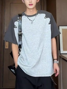 2025 New Heavy Shoulder Pad T-Shirt Korean Style Summer Half Sleeve Mens Short Sleeve Patchwork Color Block Fashionable Tee