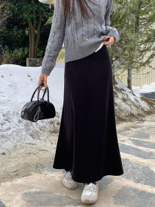 Korean Style Pure Color Woolen Wrap around Skirt Womens High Waist A-Line Long Dress Slimming Drape Fish Tail Skirt
