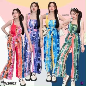 TW20627  Set 2 ชิ้น เสื้อแขนกุด มัดย้อม #ลายตรง + กางเกงขายาว ผูกโบว์เอว