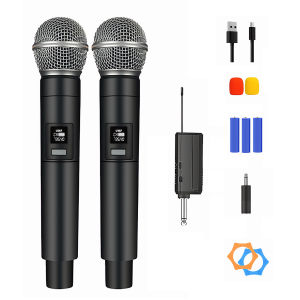 Wireless Microphone System Rechargeable Karaoke Microphone Set with Receiver Dual Handheld Cordless Dynamic Mic System