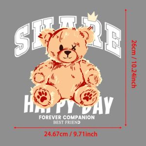 1Pc SHARE Happy Day Crowned X-Eye Teddy Bear Iron-on Transfers For Clothing Iron On Patches Appliques Thermo Stickers On Clothes