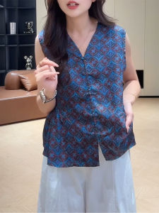 QINGNAER | Geometric Printed Sleeveless V-Neck Blue Slim Fit Shirt