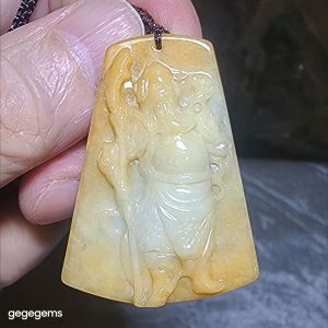 Gegegems premium Type A natural Yellow Jadeite Guan Gong (Guan Yu) Jade pendant (with certificate) [Natual Crystal]