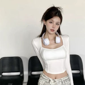 Sweet And Spicy Girl Long Sleeve Square Collar Slim Fit Backless Short Unique Design Small Top Women Early Spring New Style