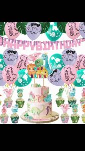 Girls dinosaur party supplies 38pcs pink dinosaur party decorations 🍃 Dinosaur balloon happy birthday banner for baby shower decoration