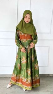 Gamis Muslimat Hijau Semi Sutra & Baju Pengajian Set Kerudung Jumbo