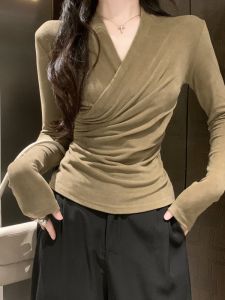 GUZILIAN | Elegant French Design V-neck Cross Uneven Slim Fit T-shirt Womens Early Autumn Spicy Waist-cinching Long Sleeve Base Shirt Trendy