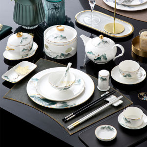 New Chinese Style Gold Rimmed Bone China Ceramic Hotel Dining Set Restaurant Club Companion Bowl Plate Vintage round Shape