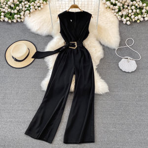 Summer Korean Style V-Neck Sleeveless High Waist Slimming Drapey Wide Leg Pants Womens Fashion Casual Hanging Sensation Overalls