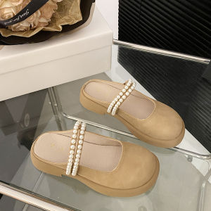 รองเท้าแตะส้นหนา Mary Janes สำหรับผู้หญิง ทรงครึ่งหัว ทรงหัวมน รองเท้าแตะแบบสวมสบายสำหรับกลางแจ้ง ทรงหัวมน ทรงหัวมน